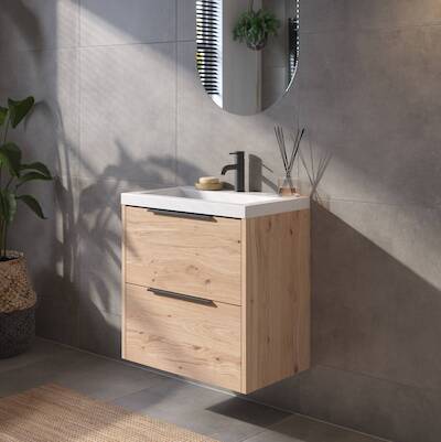 Saqu Lima voorgemonteerd ondiep badmeubel met mat zwarte greep incl. wastafel 60x40cm naturel eiken