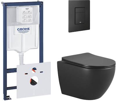 Saqu Please randloos hangtoilet mat zwart met Grohe Rapid SL inbouwreservoir met bevestiging en isolatie mat