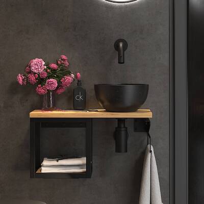 Sjithouse Basalt fonteinmeubelset incl. mat zwarte kraan 50×26,9×22,5 Navarro eiken/Zwart