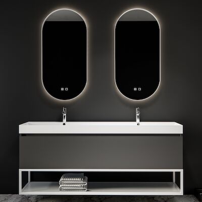 Spiegelcombinatie BWS 2x Thyreos 40x100cm Ovaal Met Rand Mat Wit LED Verlichting & Geintegreerde Spiegelverwarming