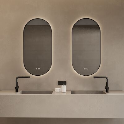 Spiegelcombinatie BWS 2x Thyreos 50x100cm Ovaal Met Rand Mat Zwart LED Verlichting & Geintegreerde Spiegelverwarming