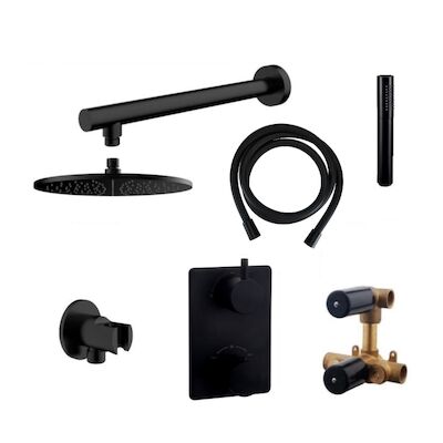 Thermostatisch Inbouwdoucheset BWS Muuruitloop Rond 30 cm Mat Zwart