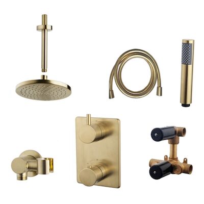 Thermostatisch Inbouwdoucheset BWS Plafonduitloop Rond 20 cm Geborsteld Messing Goud