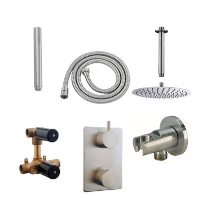 Thermostatisch Inbouwdoucheset BWS Plafonduitloop Rond 20 cm Geborsteld RVS