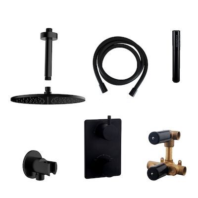Thermostatisch Inbouwdoucheset BWS Plafonduitloop Rond 20 cm Mat Zwart