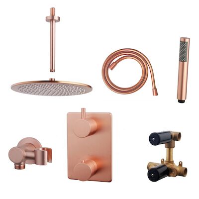 Thermostatisch Inbouwdoucheset BWS Plafonduitloop Rond 30 cm Geborsteld Koper