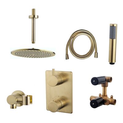 Thermostatisch Inbouwdoucheset BWS Plafonduitloop Rond 30 cm Geborsteld Messing Goud