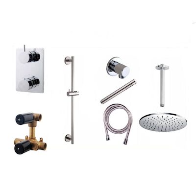 Thermostatische Inbouw Regendouche Set Wiesbaden Type 112 Plafondarm 30 cm Rond Glijstang incl. Inbouwdeel