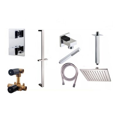 Thermostatische Inbouw Regendouche Set Wiesbaden Type 113 Plafondarm 20 cm Vierkant Glijstang incl. Inbouwdeel