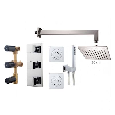 Thermostatische Inbouw Regendouche Set Wiesbaden Type 118 Body Jets Wandarm 20 cm Vierkant incl. Inbouwdeel