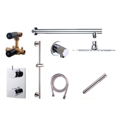 Thermostatische Inbouw Regendouche Set Wiesbaden Type 119 Wandarm Ufo 20 cm Rond Glijstang incl. Inbouwdeel