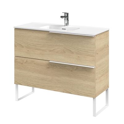 Tiger Pocket Meubelset 100 cm met 2 lades Naturel eik incl Calpe wastafel en loop-poten Hoogglans wit – 800315
