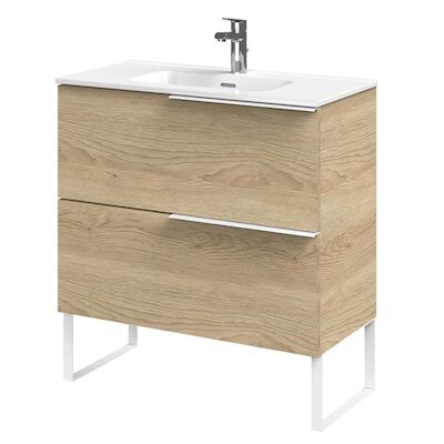 Tiger Pocket Meubelset 80 cm met 2 lades Naturel eik incl Calpe wastafel en loop-poten Hoogglans wit – 800303