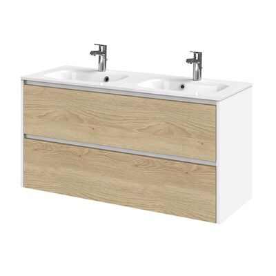 Tiger Reverse Meubelset 120 cm met 2 lades Naturel eik – Mat wit incl Oval wastafel dubbel Hoogglans wit – 800321