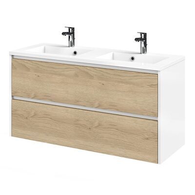 Tiger Reverse Meubelset 120 cm met 2 lades Naturel eik – Mat wit incl Quadro wastafel Hoogglans wit – 800320