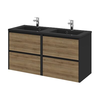 Tiger Reverse Meubelset 120 cm met 4 lades Chalet eik – Mat zwart incl Quadro wastafel dubbel Mat zwart – 800326