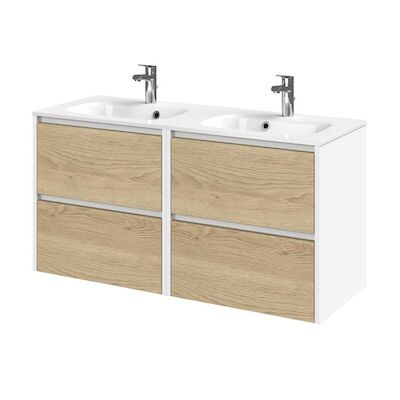Tiger Reverse Meubelset 120 cm met 4 lades Naturel eik – Mat wit incl Oval wastafel dubbel Hoogglans wit – 800323