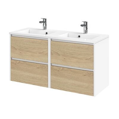 Tiger Reverse Meubelset 120 cm met 4 lades Naturel eik – Mat wit incl Quadro wastafel dubbel Hoogglans wit – 800322