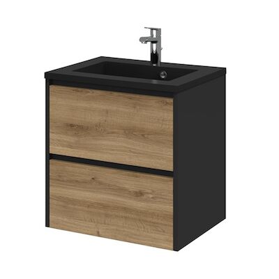 Tiger Reverse Meubelset 60 cm met 2 lades Chalet eik – Mat zwart incl Quadro wastafel Mat zwart – 800317