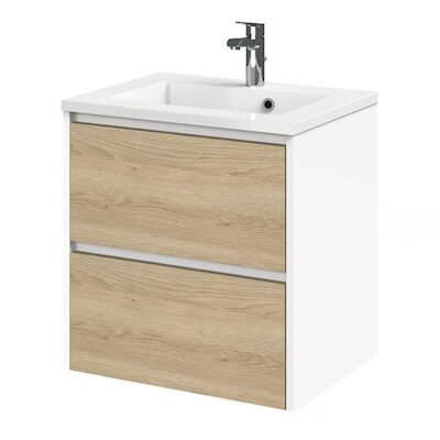 Tiger Reverse Meubelset 60 cm met 2 lades Naturel eik – Mat wit incl Quadro wastafel Hoogglans wit – 800316
