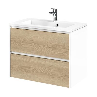 Tiger Reverse Meubelset 80 cm met 2 lades Naturel eik – Mat wit incl Quadro wastafel Hoogglans wit – 800318