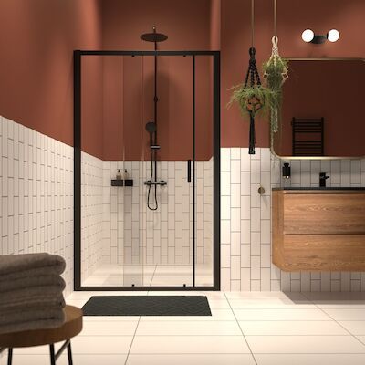 Tweedelige schuifdeur in nis helder veiligheidsglas met antikalklaag Sealskin Inc. 140×200 cm Mat zwart