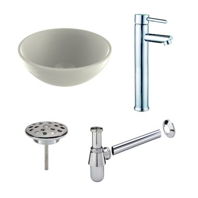 Waskomset BWS Rond 26×12 cm Keramiek Glanzend Wit / Chroom (inclusief kraan, afvoer en sifon)
