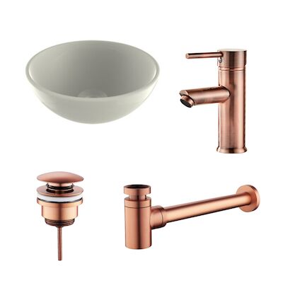 Waskomset BWS Rond 26×12 cm Keramiek Glanzend Wit / Koper (inclusief kraan, afvoer en sifon)