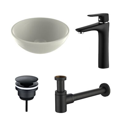 Waskomset BWS Rond 26×12 cm Keramiek Glanzend Wit / Mat Zwart (inclusief kraan, afvoer en sifon)