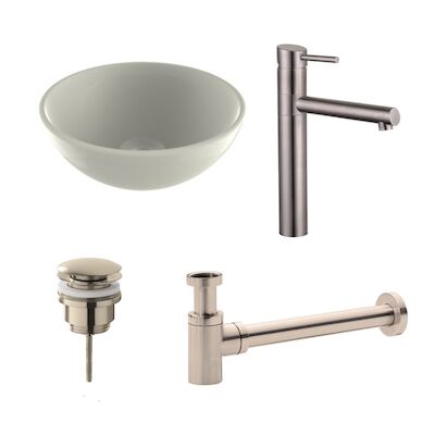 Waskomset BWS Rond 26×12 cm Keramiek Glanzend Wit / RVS (inclusief kraan, afvoer en sifon)