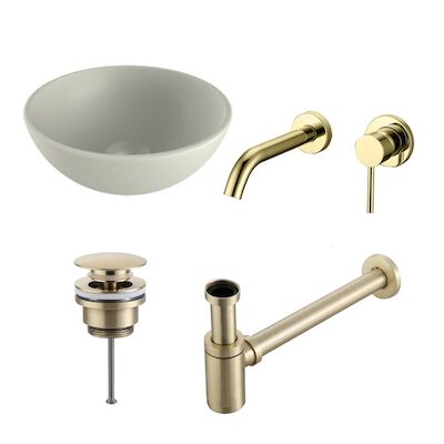 Waskomset BWS Rond 26×12 cm Keramiek Mat Wit / Goud (inclusief kraan, afvoer en sifon)