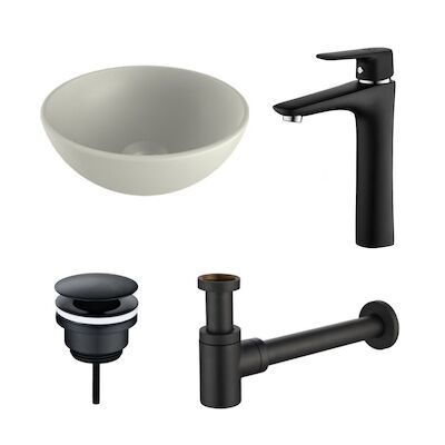 Waskomset BWS Rond 26×12 cm Keramiek Mat Wit / Mat Zwart (inclusief kraan, afvoer en sifon)