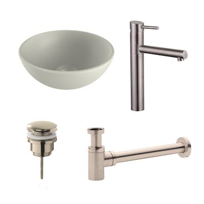 Waskomset BWS Rond 26×12 cm Keramiek Mat Wit / RVS (inclusief kraan, afvoer en sifon)