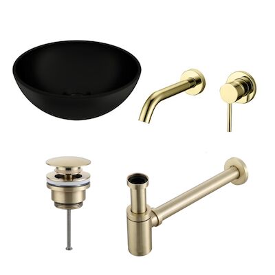 Waskomset BWS Rond 26×12 cm Keramiek Mat Zwart / Goud (inclusief kraan, afvoer en sifon)