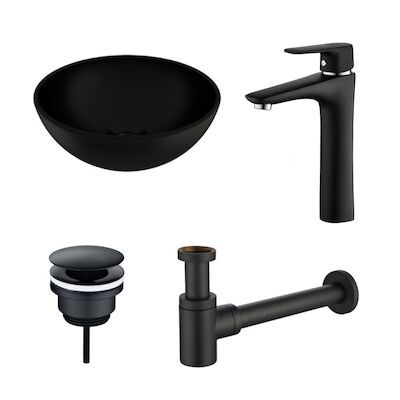 Waskomset BWS Rond 26×12 cm Keramiek Mat Zwart (inclusief kraan, afvoer en sifon)
