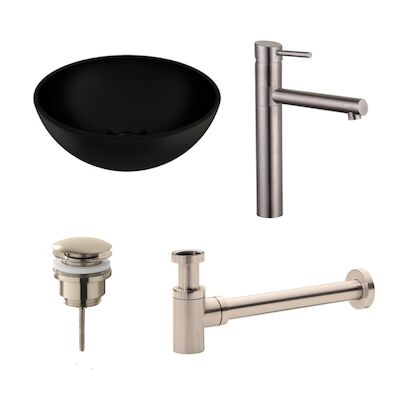Waskomset BWS Rond 26×12 cm Keramiek Mat Zwart / RVS (inclusief kraan, afvoer en sifon)