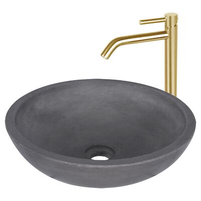 Waskomset Differnz Ravano Beton 40×12 cm Antraciet met Hoge Wastafelkraan Mat Goud