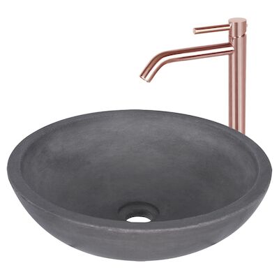 Waskomset Differnz Ravano Beton 40×12 cm Antraciet met Hoge Wastafelkraan Rood Koper