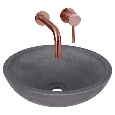 Waskomset Differnz Ravano Beton 40×12 cm Antraciet met Inbouw Wastafelkraan Rood Koper