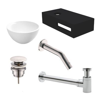 Waskomset met Planchet BWS Rond 20×11 cm Solid Surface Mat Zwart / Wit (inclusief kraan, afvoer en sifon)