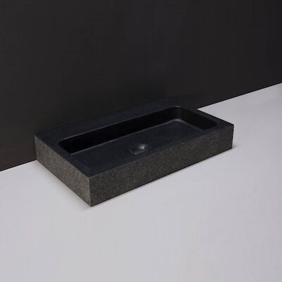 Wastafel Forzalaqua Taranto Graniet Gezoet Gebrand Met Kraangat Zwart 50x30x8 cm