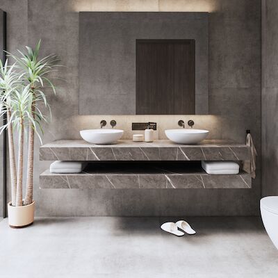 Wastafelbladset Gliss Design Topdek 2x 160×46 cm Marmer Grey Incl. 8 Ophangbeugels Met Waskommen
