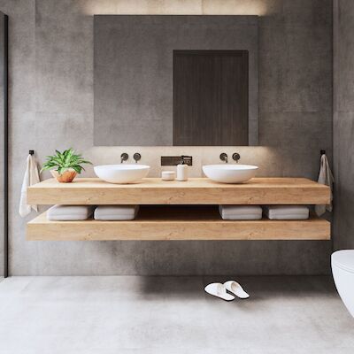 Wastafelbladset Gliss Design Topdek 2x 180×46 cm Ruw Gerookt Incl. 8 Ophangbeugels Met Waskommen