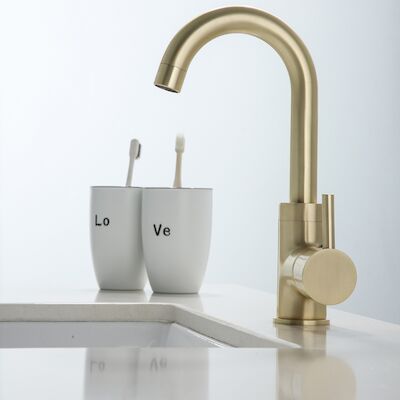 Wastafelkraan BWS Gold Gebogen Uitloop Geborsteld Messing Mat Goud
