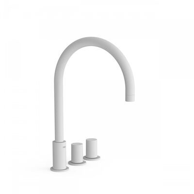 Wastafelmengkraan Tres Study Exclusive 3-Gats Kraan Links met Draaiknoppen Uitloop Gebogen 21,5 cm Rond Mat Wit